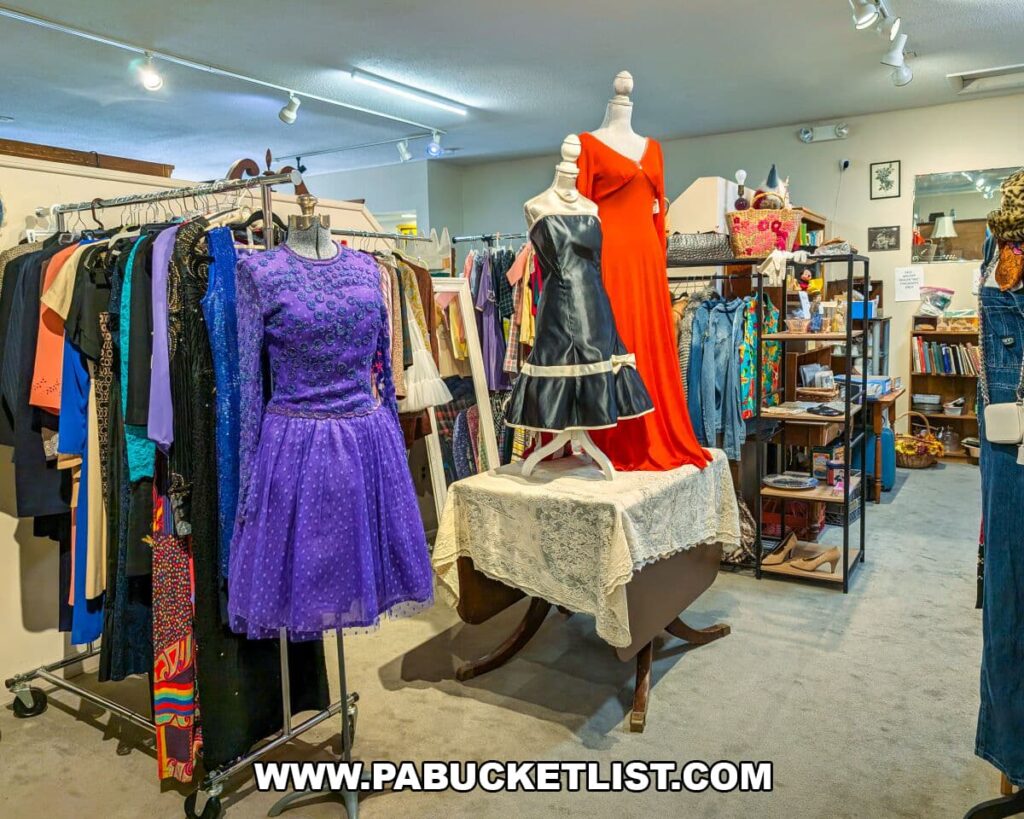Vintage clothing section at Apple Hill Antiques near State College, featuring colorful dresses displayed on mannequins, racks of retro apparel, and shelves filled with accessories and books.