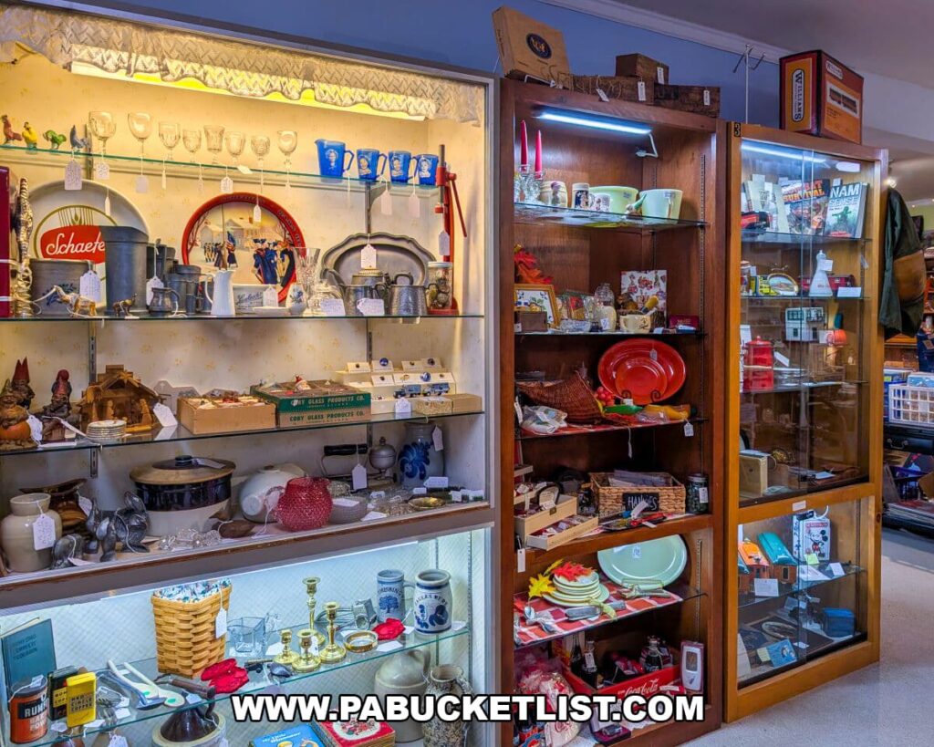 Glass-front cabinets at Apple Hill Antiques near State College filled with vintage dishes, kitchenware, glassware, collectibles, and nostalgic household items arranged on illuminated shelves.