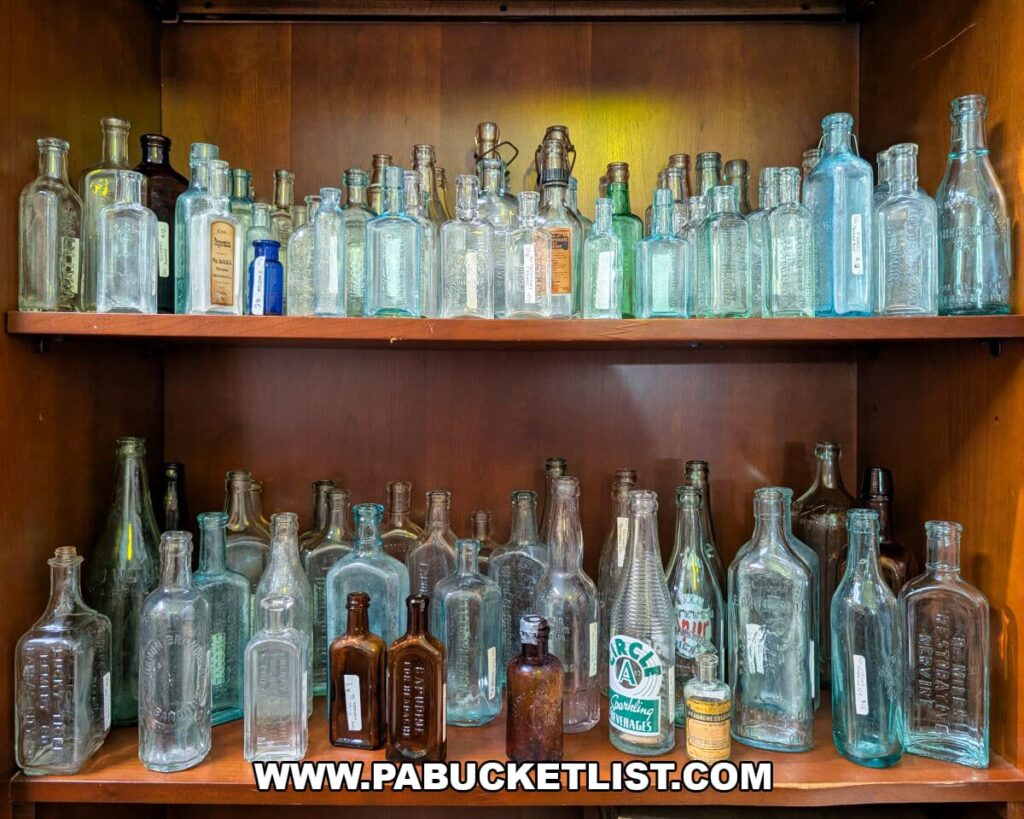 Shelves filled with antique glass bottles of various shapes, sizes, and colors at Apple Hill Antiques near State College, neatly arranged inside a wooden display cabinet.