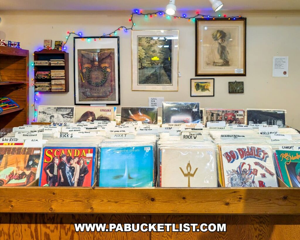 Bins filled with vintage vinyl records at Apple Hill Antiques near State College, displayed beneath framed artwork and festive string lights hanging along the wall.