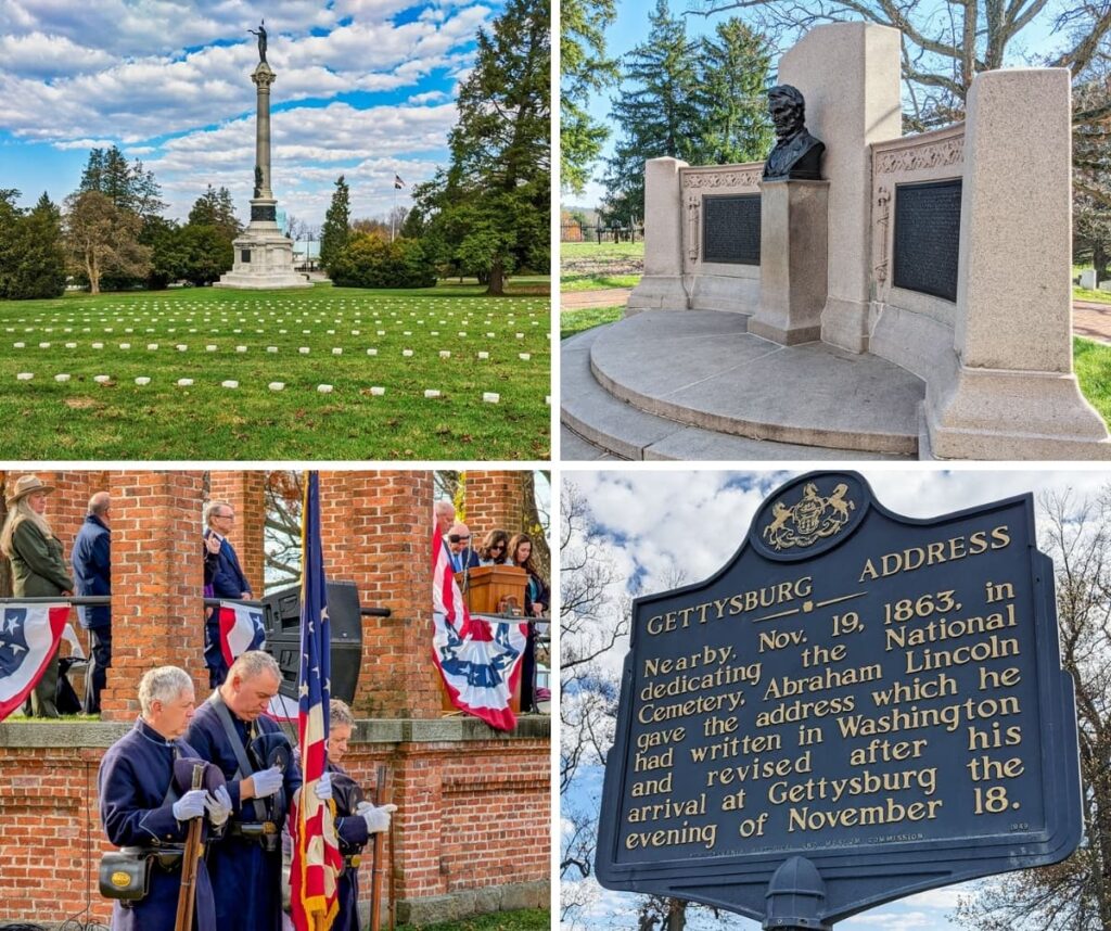 Collage of four images from the Dedication Day ceremony in Gettysburg, Pennsylvania, featuring the Soldiers’ National Monument surrounded by headstones, the Lincoln Address Memorial, Civil War reenactors in prayer beside a speaker’s platform draped in patriotic bunting, and a historical marker describing the Gettysburg Address.