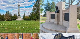 Collage of four images from the Dedication Day ceremony in Gettysburg, Pennsylvania, featuring the Soldiers’ National Monument surrounded by headstones, the Lincoln Address Memorial, Civil War reenactors in prayer beside a speaker’s platform draped in patriotic bunting, and a historical marker describing the Gettysburg Address.