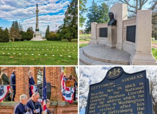 Collage of four images from the Dedication Day ceremony in Gettysburg, Pennsylvania, featuring the Soldiers’ National Monument surrounded by headstones, the Lincoln Address Memorial, Civil War reenactors in prayer beside a speaker’s platform draped in patriotic bunting, and a historical marker describing the Gettysburg Address.