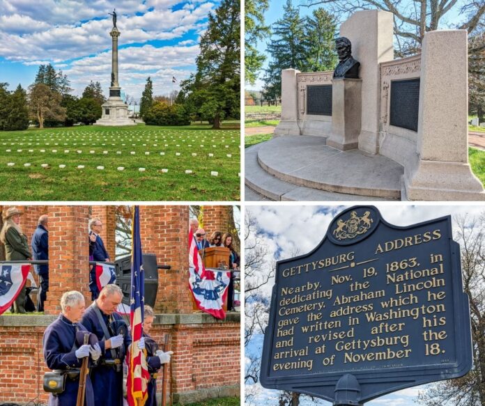Attending-the-Dedication-Day-Ceremony-Gettysburg-PA Collage of four images from the Dedication Day ceremony in Gettysburg, Pennsylvania, featuring the Soldiers’ National Monument surrounded by headstones, the Lincoln Address Memorial, Civil War reenactors in prayer beside a speaker’s platform draped in patriotic bunting, and a historical marker describing the Gettysburg Address.