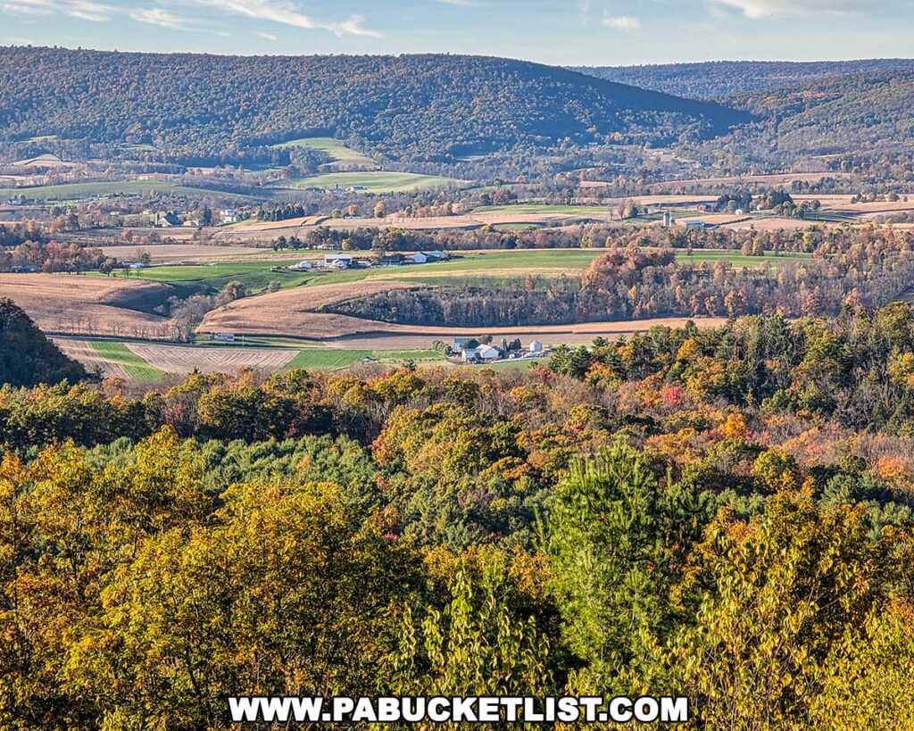 Colorful fall foliage and patchwork farmland viewed from Bell’s Majestic Vista in the Centre County portion of Bald Eagle State Forest, with rolling forested ridges and farmsteads stretching across the valley under a clear October sky.