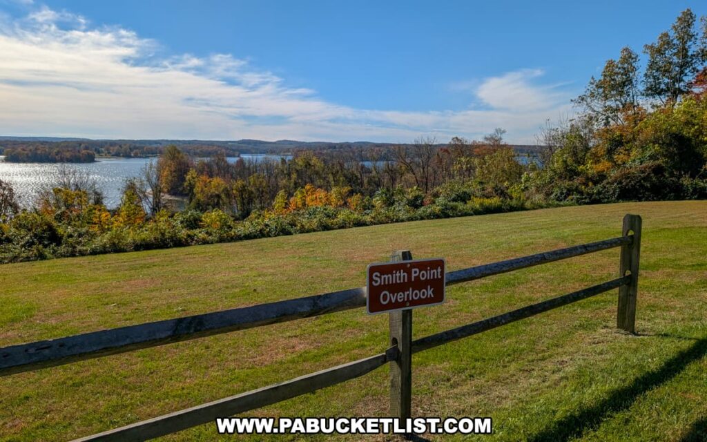 A wooden fence and sign mark Smith Point Overlook at Codorus State Park in York County, Pennsylvania, offering a scenic view of Lake Marburg and the surrounding forested hills under a bright blue sky.