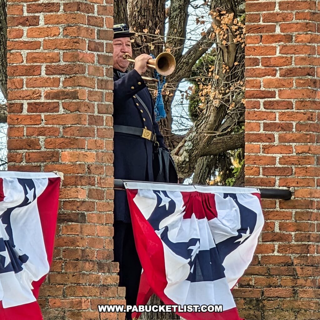 A Civil War reenactor dressed in a Union Army uniform plays a bugle from a brick archway decorated with patriotic red, white, and blue bunting during the Dedication Day ceremony at Gettysburg National Cemetery.