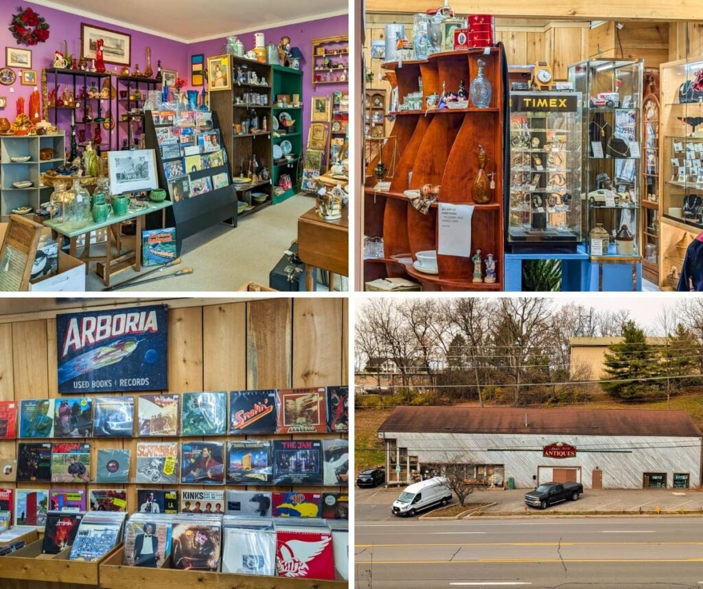 Collage of four scenes from Apple Hill Antiques near State College, featuring colorful rooms filled with vintage collectibles, glassware, records, and memorabilia, along with an exterior view of the large antique shop building along the roadside.