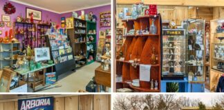Collage of four scenes from Apple Hill Antiques near State College, featuring colorful rooms filled with vintage collectibles, glassware, records, and memorabilia, along with an exterior view of the large antique shop building along the roadside.