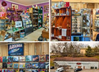 Collage of four scenes from Apple Hill Antiques near State College, featuring colorful rooms filled with vintage collectibles, glassware, records, and memorabilia, along with an exterior view of the large antique shop building along the roadside.