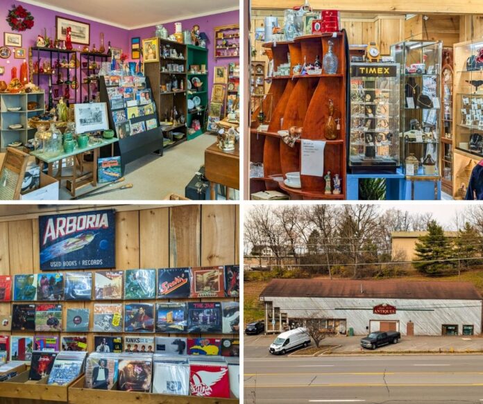 Collage of four scenes from Apple Hill Antiques near State College, featuring colorful rooms filled with vintage collectibles, glassware, records, and memorabilia, along with an exterior view of the large antique shop building along the roadside.
