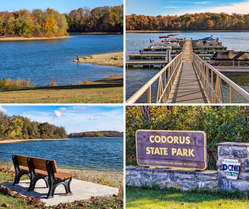 A collage of four photos showcasing Codorus State Park in York County, Pennsylvania, featuring a fisherman on Lake Marburg, a marina with docked boats, benches overlooking the lake, and the parkโs entrance sign surrounded by autumn foliage.