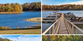A collage of four photos showcasing Codorus State Park in York County, Pennsylvania, featuring a fisherman on Lake Marburg, a marina with docked boats, benches overlooking the lake, and the park’s entrance sign surrounded by autumn foliage.
