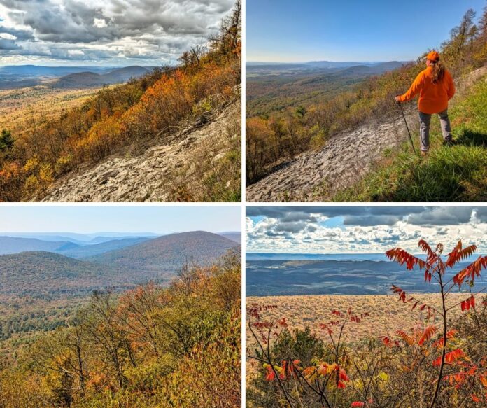 Exploring-Harrys-Valley-Vista-Rothrock-State-Forest Collage of four autumn landscapes from Harry’s Valley Vista in Rothrock State Forest, featuring sweeping mountain and valley views, vibrant fall foliage, rocky slopes, and a hiker in orange admiring the panoramic scenery beneath dramatic clouds and bright blue skies.