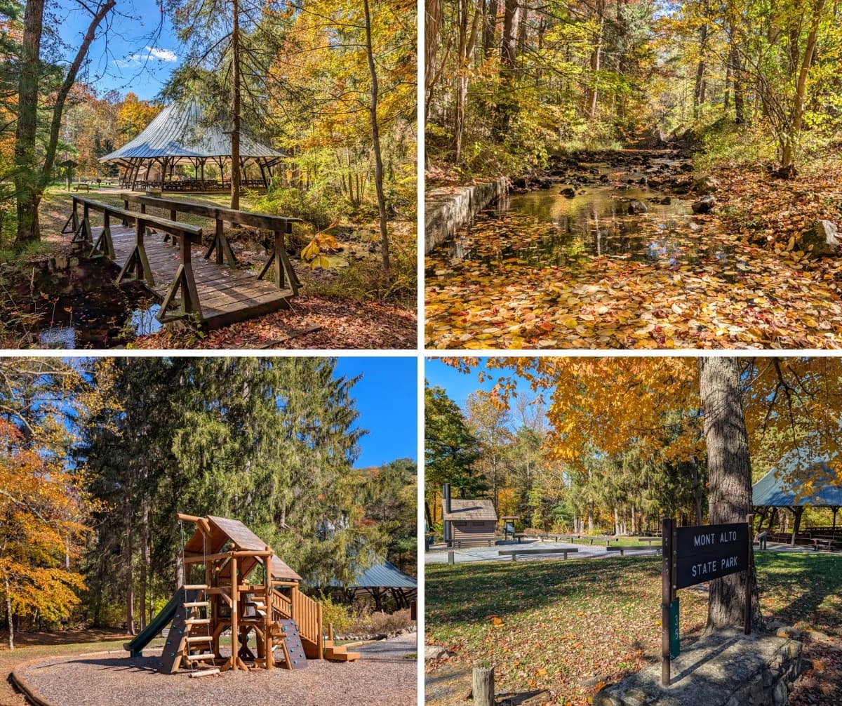 A collage of four scenes from Mont Alto State Park in Franklin County, Pennsylvania, featuring the park’s round dance pavilion beside a wooden footbridge, the West Branch of Antietam Creek covered in autumn leaves, a wooden playground surrounded by colorful trees, and the main park sign under golden fall foliage.