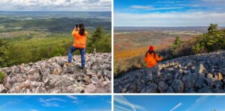 Collage of four photos taken at Sausser's Stone Pile along the Standing Stone Trail in Huntingdon County, Pennsylvania, showing hikers exploring the vast boulder field and taking in sweeping views of rolling hills, colorful forests, and farmland under bright blue skies.