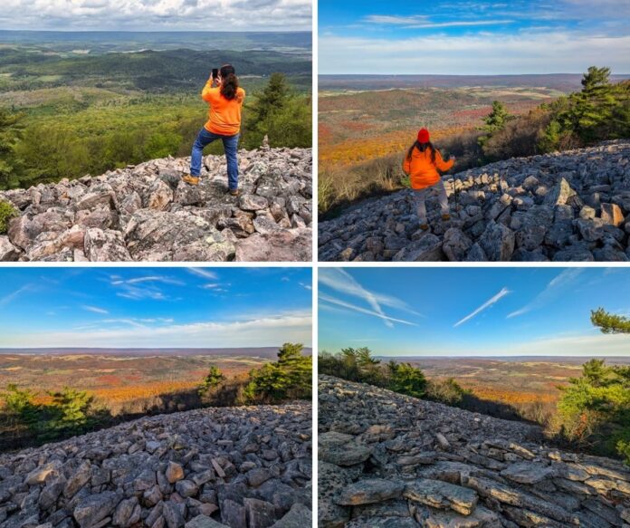 Exploring-Saussers-Stone-Pile-Huntingdon-County-PA Collage of four photos taken at Sausser's Stone Pile along the Standing Stone Trail in Huntingdon County, Pennsylvania, showing hikers exploring the vast boulder field and taking in sweeping views of rolling hills, colorful forests, and farmland under bright blue skies.