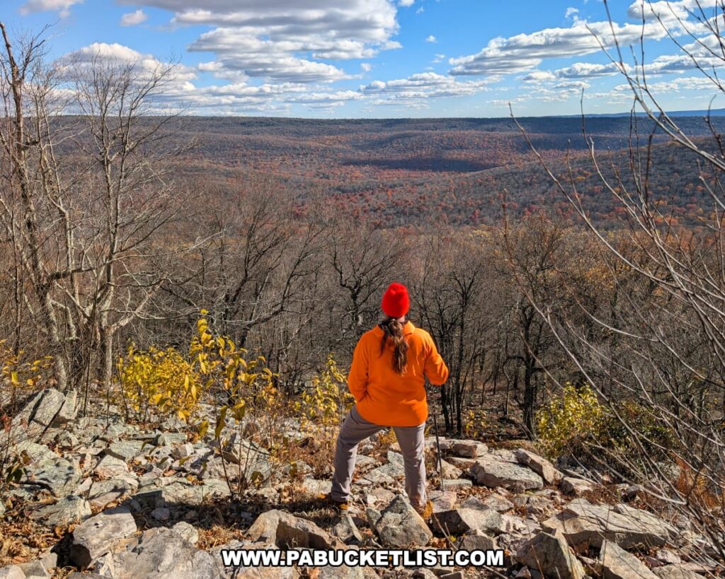 Hiker wearing an orange jacket and orange hat standing on a rocky overlook at Hubler Gap Vista in Rothrock State Forest, gazing out over forested ridges covered in late autumn foliage under a blue sky with scattered clouds.