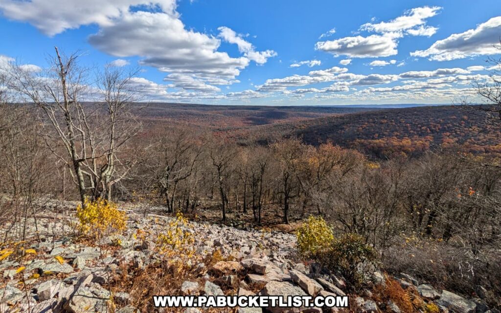 Expansive view from Hubler Gap Vista in Rothrock State Forest near State College, showing rocky foreground and bare trees overlooking rolling ridges covered in late autumn colors beneath a vivid blue sky with scattered clouds.