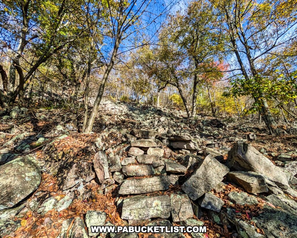 Stone steps climbing through a rocky slope along the Indian Steps Trail near Harry’s Valley Vista in Rothrock State Forest, surrounded by autumn leaves and trees under a bright blue sky.