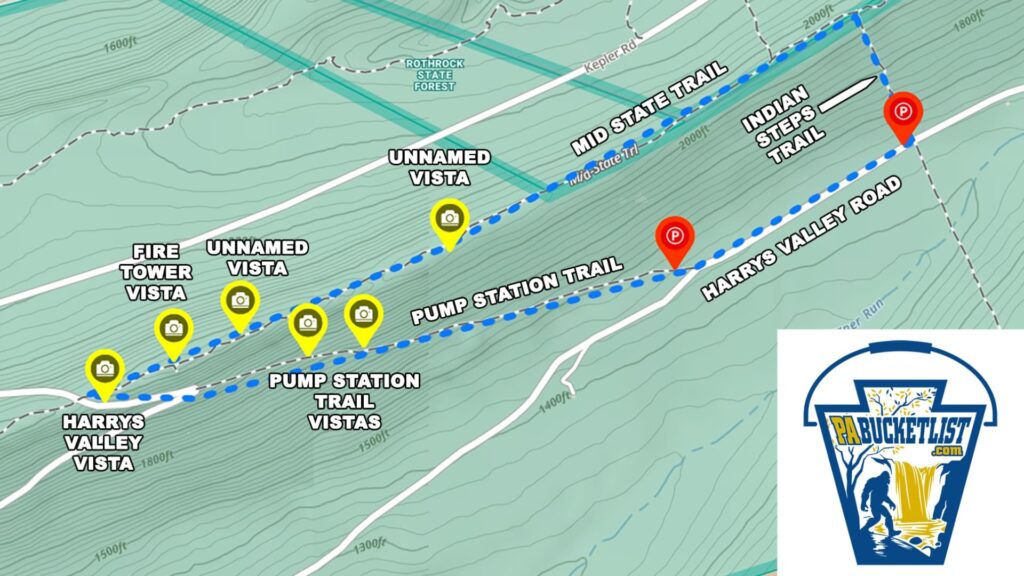 Map showing the Indian Steps Trail loop near Harry’s Valley Vista in Rothrock State Forest, highlighting the Mid State Trail, Pump Station Trail, and multiple scenic overlooks including Fire Tower Vista, unnamed vistas, and Harry’s Valley Vista, with parking areas and route markers clearly labeled.