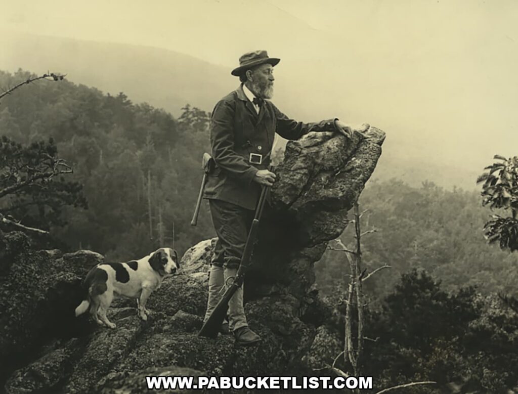 Vintage photograph of Dr. Joseph T. Rothrock standing on a rocky overlook with a rifle and his dog, gazing out over a forested Pennsylvania mountainside enveloped in light mist.