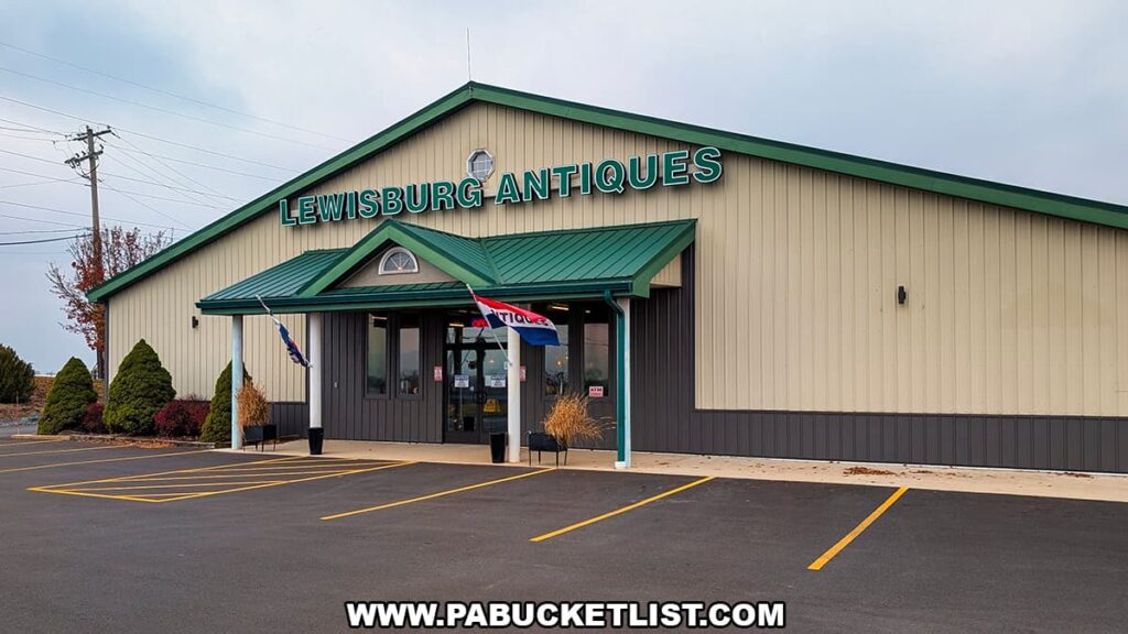 Front exterior view of Lewisburg Antiques, showing a large tan-and-green building with a peaked roof, glass entrance doors, an “Antiques” flag, and a freshly paved parking lot, one of three walkable antique shops that make up the Lewisburg Antique Malls.