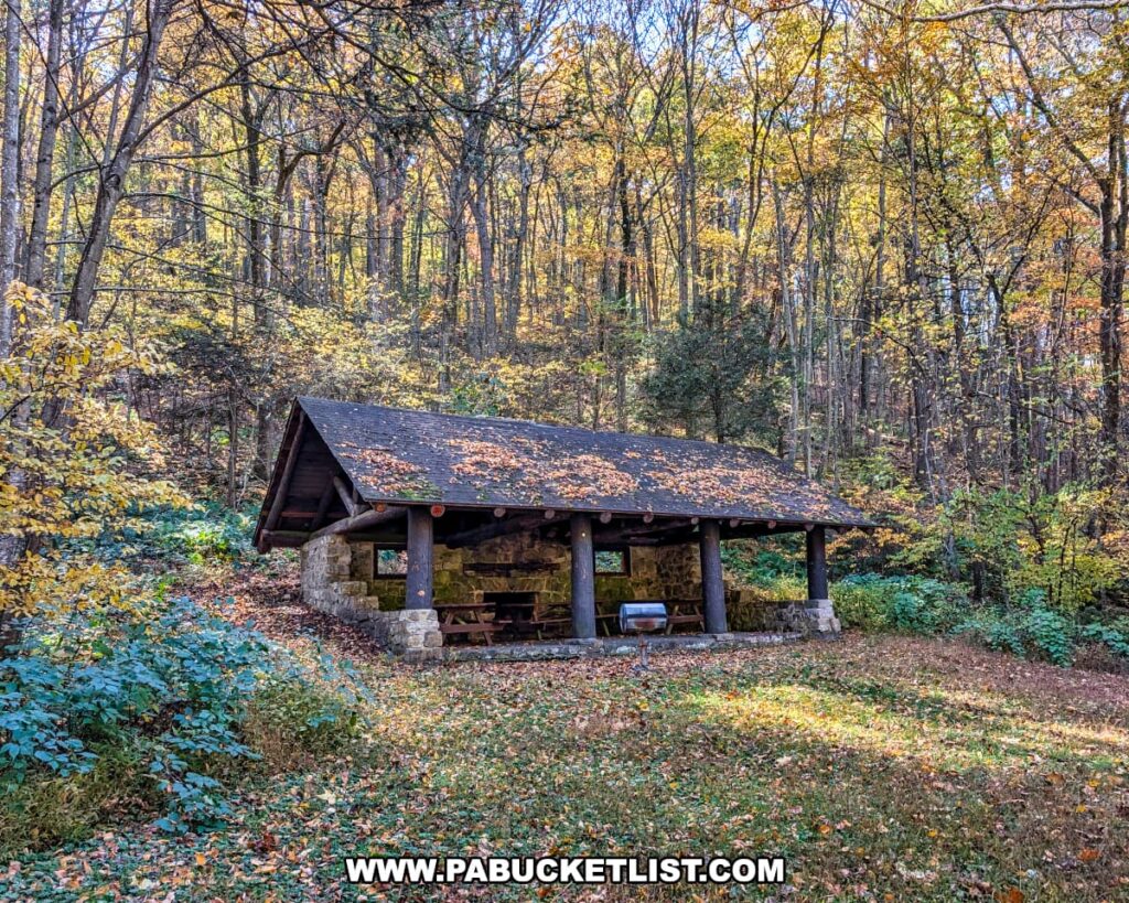The rustic stone Bank Pavilion at Mont Alto State Park in Franklin County, Pennsylvania, nestled in a wooded hillside and surrounded by colorful autumn foliage and fallen leaves.