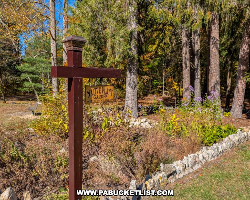 The Native Plant Garden at Mont Alto State Park in Franklin County, Pennsylvania, featuring a wooden sign, stone-edged flower bed, and late-season wildflowers surrounded by tall pine trees and colorful autumn foliage.