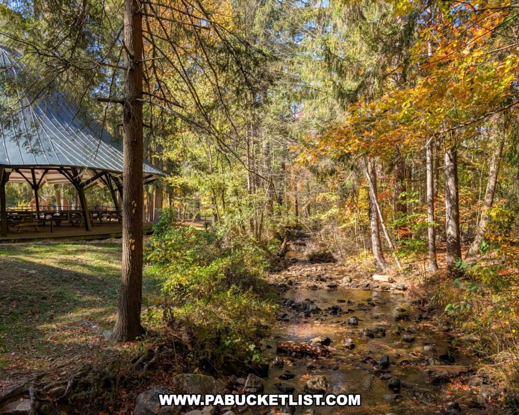 A scenic view of Mont Alto State Park in Franklin County, Pennsylvania, showing the park’s distinctive circular picnic pavilion beside the clear waters of the West Branch of Antietam Creek, surrounded by tall evergreens and trees glowing with early autumn foliage.