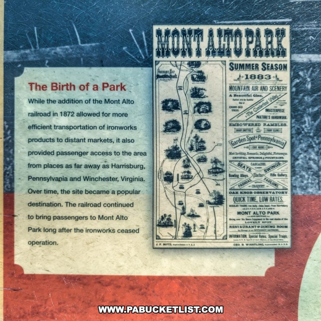 A historical display at Mont Alto State Park in Franklin County, Pennsylvania, featuring a vintage 1883 advertisement for Mont Alto Park and text describing how the Mont Alto Railroad helped transform the former ironworks into a popular mountain resort destination.