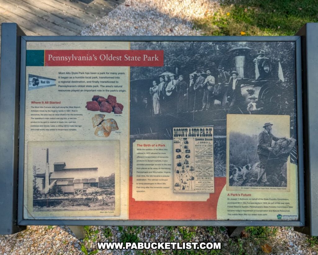 An informational sign at Mont Alto State Park in Franklin County, Pennsylvania, describing the park’s history as the oldest state park in the Commonwealth, featuring vintage photos, historic advertisements, and text panels about its origins and development.