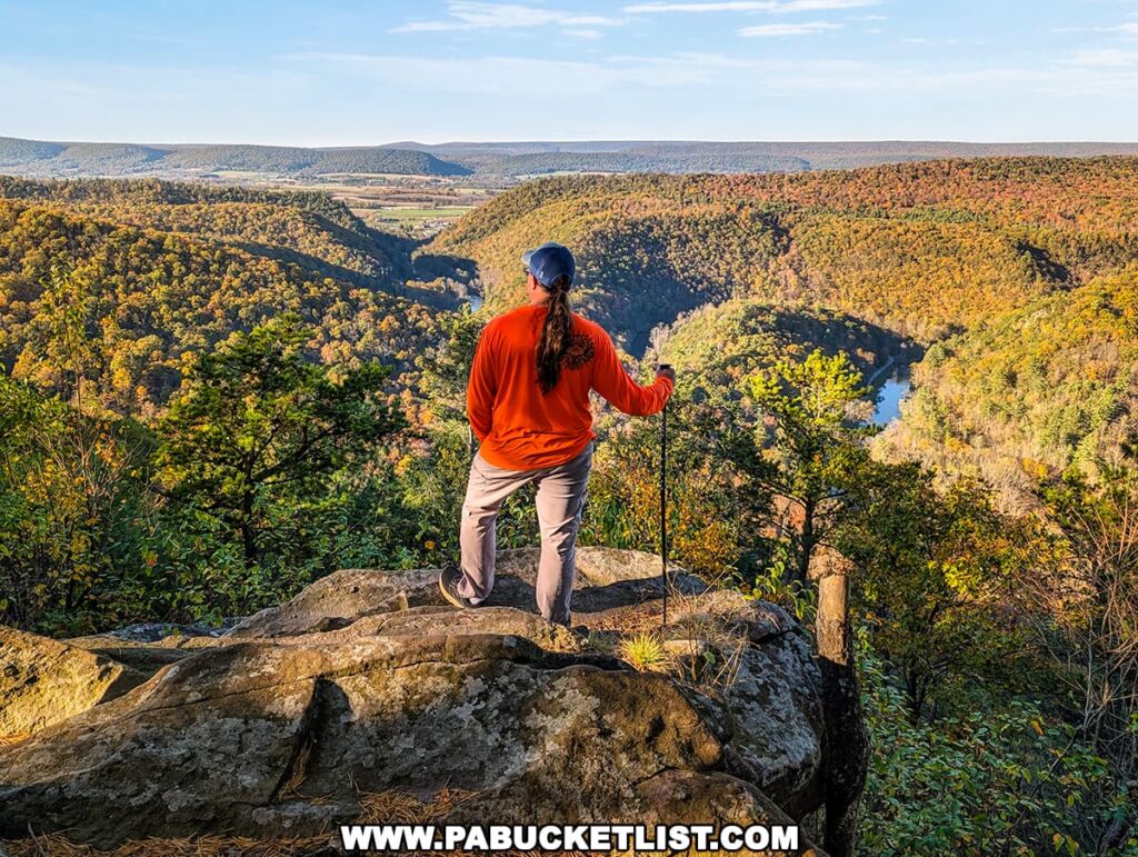 Hiker standing on a rocky overlook at Penn’s View in the Centre County portion of Bald Eagle State Forest, gazing out over a winding valley and forested ridges glowing with vibrant autumn colors under a clear October sky.
