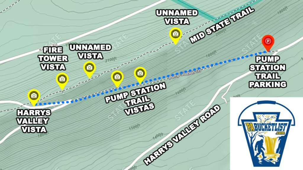 Map showing the Pump Station Trail near Harry’s Valley Vista in Rothrock State Forest, highlighting scenic overlooks including Fire Tower Vista, unnamed vistas, and Harry’s Valley Vista, along with trail routes, parking areas, and nearby roads.
