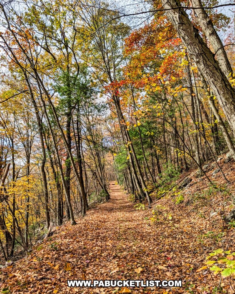 Leaf-covered path along the upper portion of the Pump Station Trail near Harry’s Valley Vista in Rothrock State Forest, surrounded by colorful autumn trees arching over the trail on a crisp fall day.