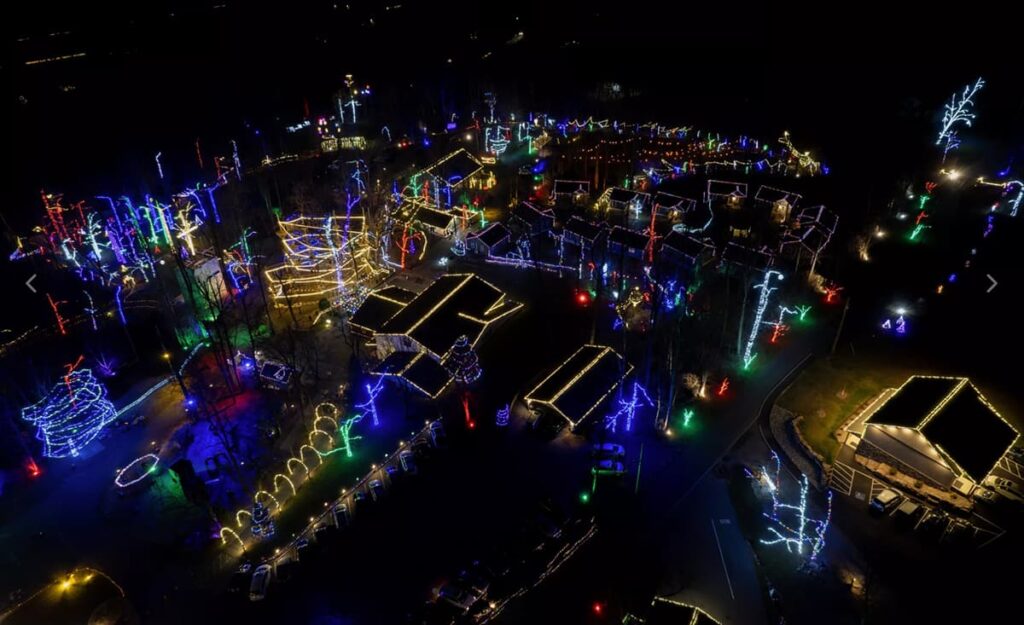 An overhead view of the walk-thru Christmas light display at Refreshing Mountain in Lancaster County, PA.