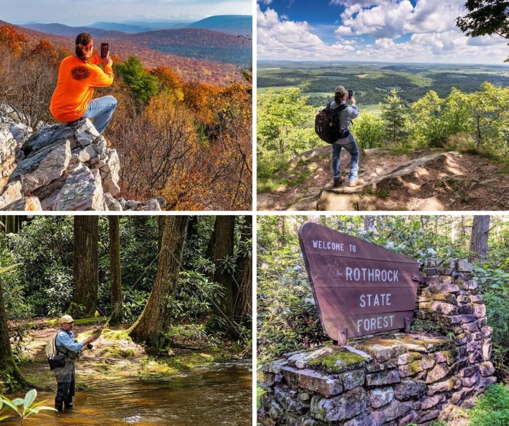 Collage of four scenes from Rothrock State Forest showing hikers photographing sweeping mountain vistas, an angler fly-fishing along a forested stream, and a rustic “Welcome to Rothrock State Forest” sign set among mossy stones and dense woodland.
