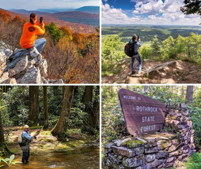 Collage of four scenes from Rothrock State Forest showing hikers photographing sweeping mountain vistas, an angler fly-fishing along a forested stream, and a rustic “Welcome to Rothrock State Forest” sign set among mossy stones and dense woodland.
