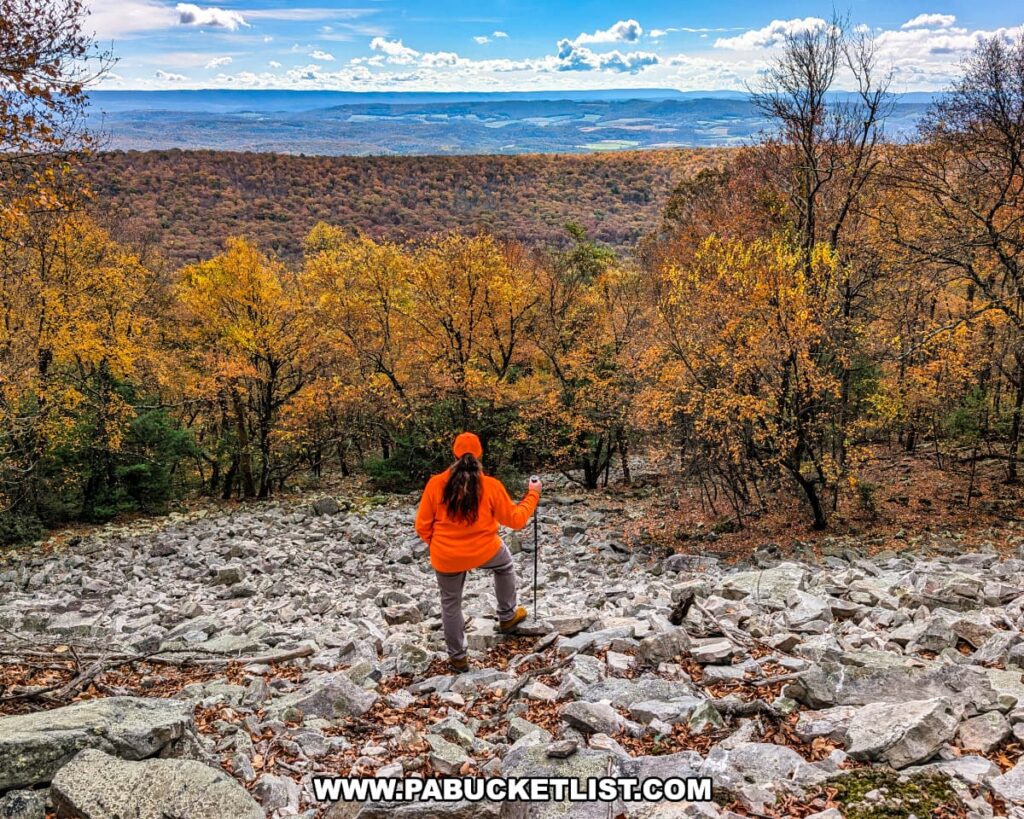 Hiker in an orange jacket standing on a rocky slope at a vista along the Pump Station Trail near Harry’s Valley Vista in Rothrock State Forest, overlooking a vast expanse of colorful autumn foliage and distant blue ridges under a bright sky.