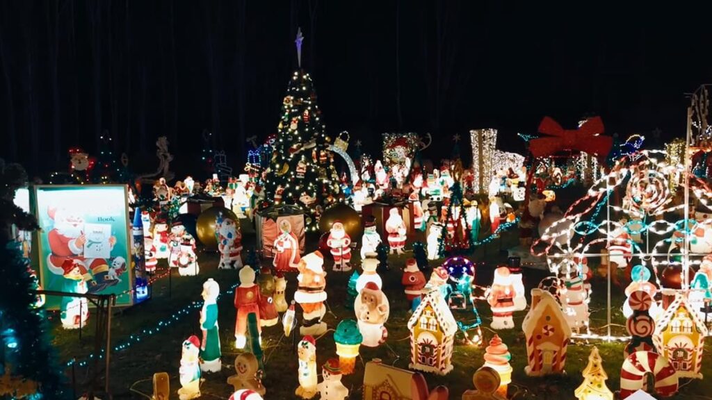 Saint Nick’s Display in Wayne County is a free, two-acre walk-through holiday attraction featuring hundreds of lighted blow mold Christmas decorations.