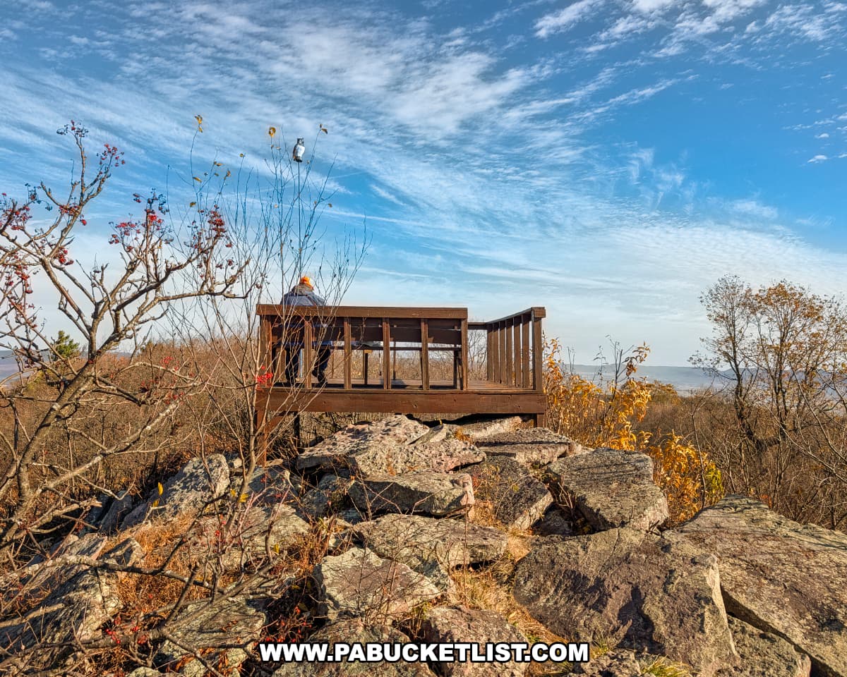 A person wearing an orange hat sits on a wooden observation platform at the Stone Mountain Hawk Watch in Mifflin County, Pennsylvania, surrounded by rocky terrain, leafless shrubs, and a bright blue sky streaked with wispy clouds.