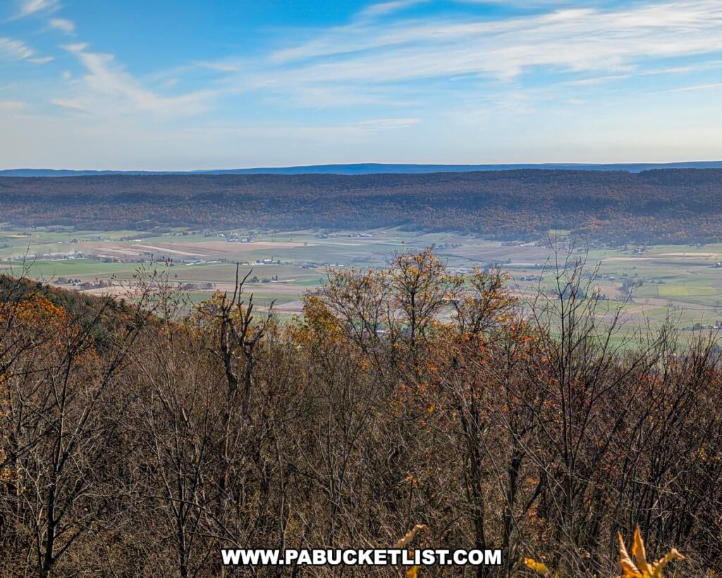 A scenic view from the Stone Mountain Hawk Watch in Mifflin County, Pennsylvania, overlooking Big Valley with patchwork farmland stretching toward distant forested ridges under a bright blue sky with wispy clouds.