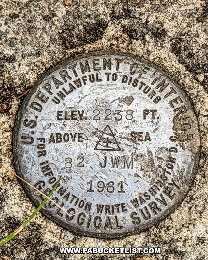 Close-up of a 1961 U.S. Geological Survey benchmark located near the remains of the old fire tower close to Harry’s Valley Vista in Rothrock State Forest, showing an elevation of 2,238 feet above sea level engraved on the metal marker.