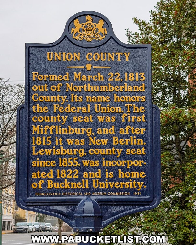 Close-up of a blue and gold Pennsylvania historical marker detailing the formation and history of Union County, with trees and buildings faintly visible in the background