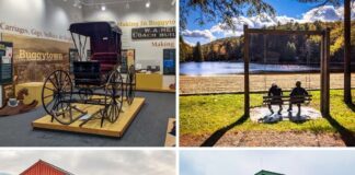 Collage featuring four Union County attractions: a historic horse-drawn buggy on display inside a museum, two people sitting on a wooden swing facing a scenic lakeside view, a red covered bridge in a snowy rural landscape, and the exterior of a large antique store labeled Lewisburg Antiques
