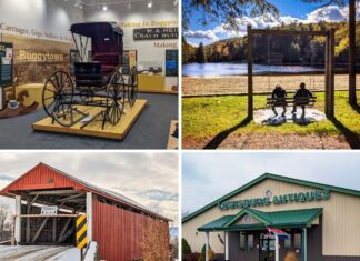 13 Must-See Attractions in Union County Collage featuring four Union County attractions: a historic horse-drawn buggy on display inside a museum, two people sitting on a wooden swing facing a scenic lakeside view, a red covered bridge in a snowy rural landscape, and the exterior of a large antique store labeled Lewisburg Antiques