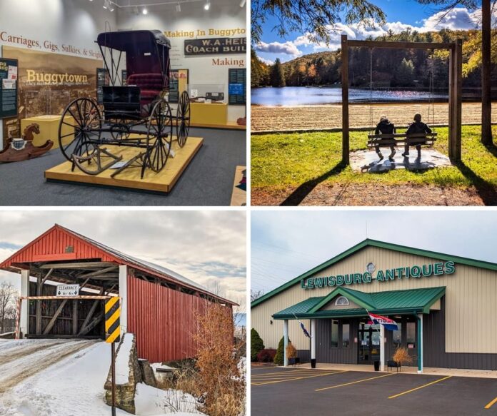 Collage featuring four Union County attractions: a historic horse-drawn buggy on display inside a museum, two people sitting on a wooden swing facing a scenic lakeside view, a red covered bridge in a snowy rural landscape, and the exterior of a large antique store labeled Lewisburg Antiques