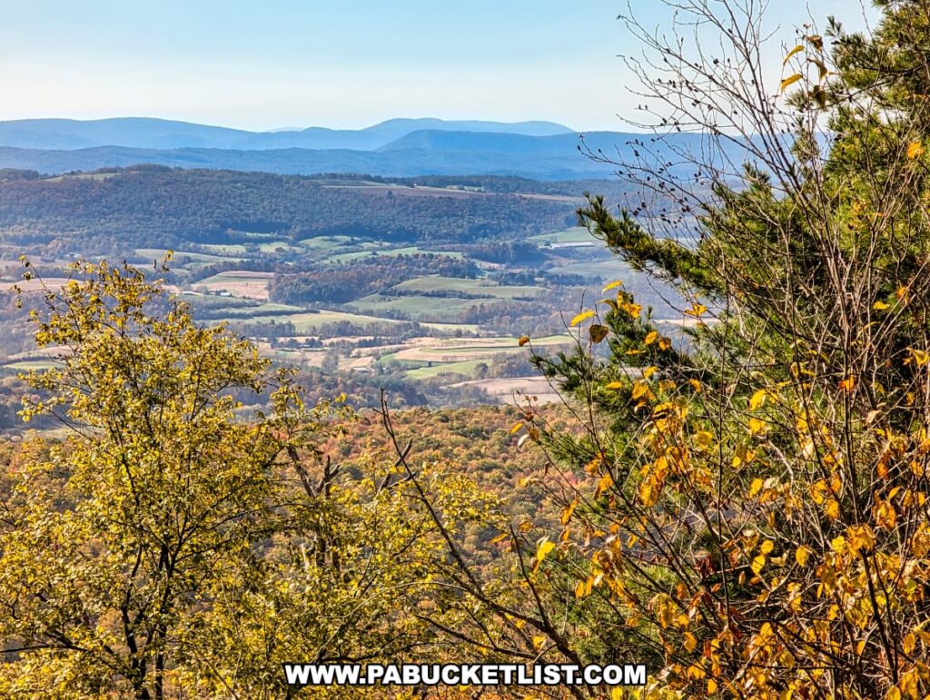 Autumn view from an unnamed vista along the Mid State Trail near the Indian Steps Trail and Harry’s Valley Vista in Rothrock State Forest, overlooking rolling farmland, forested hills, and distant blue mountains under a clear sky.