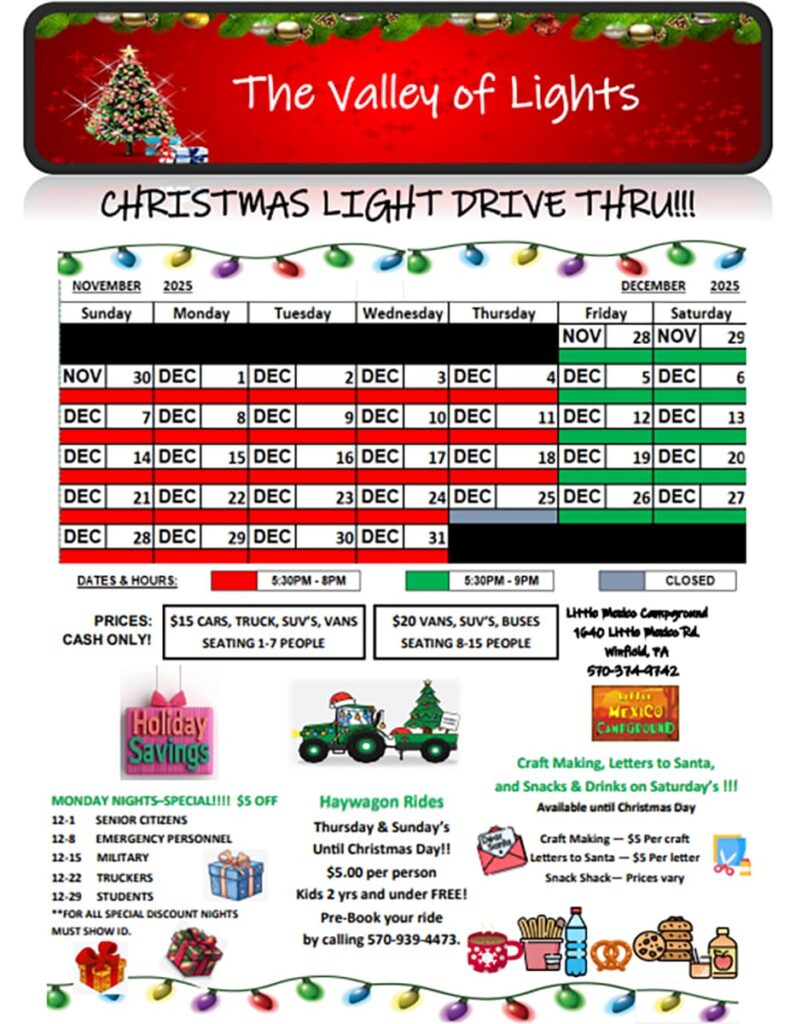The 2025 schedule and prices for the Valley of Lights display at Little Mexico Campground in Union County, PA.