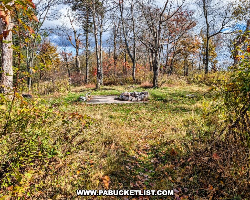 A grassy clearing along the Mid State Trail near Harry’s Valley Vista in Rothrock State Forest, featuring the stone foundation remains of a former fire tower surrounded by colorful autumn foliage and scattered trees under a partly cloudy sky.